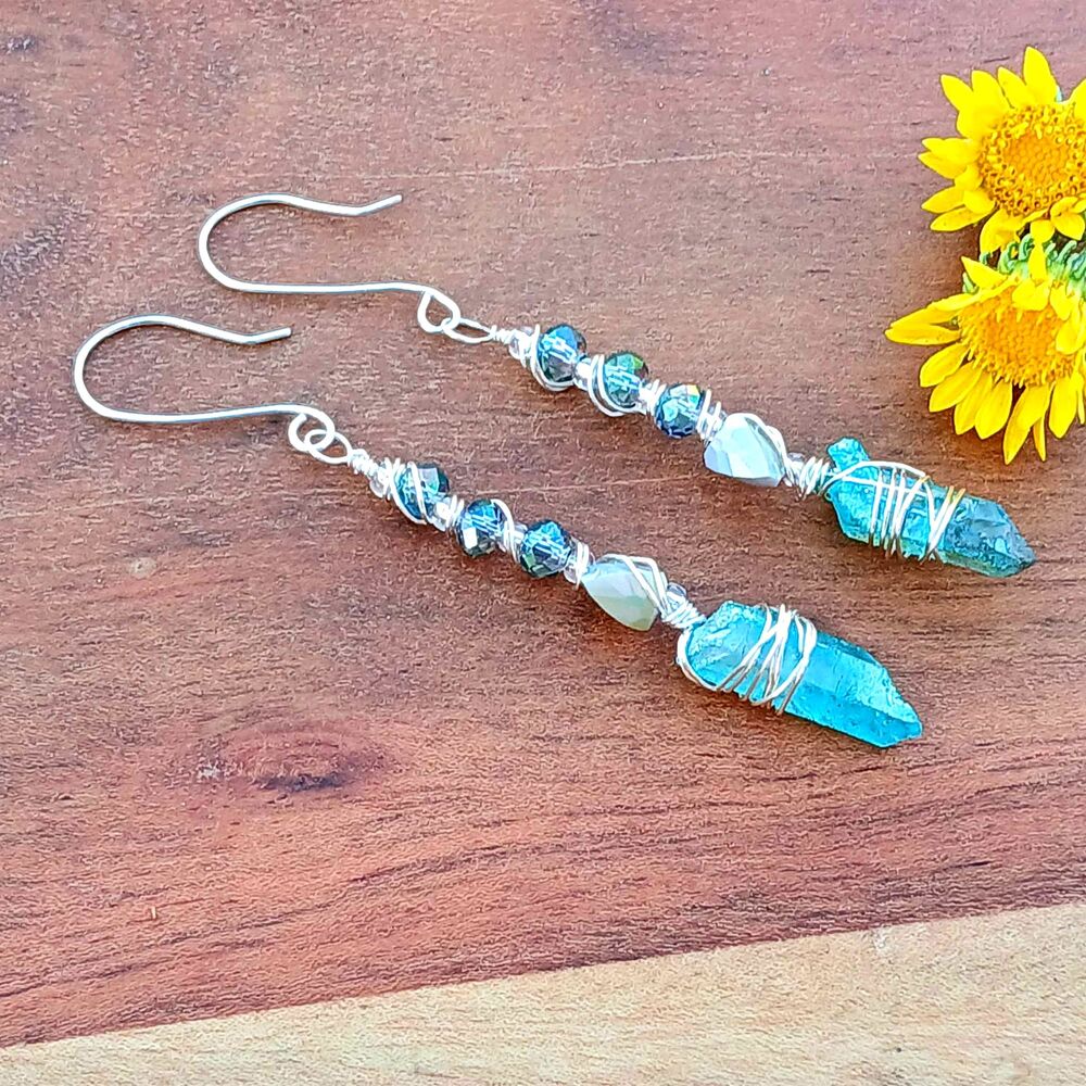 Dyed Aqua Quartz Crystal Beaded Dangle Earrings, Silver, Boho Statement